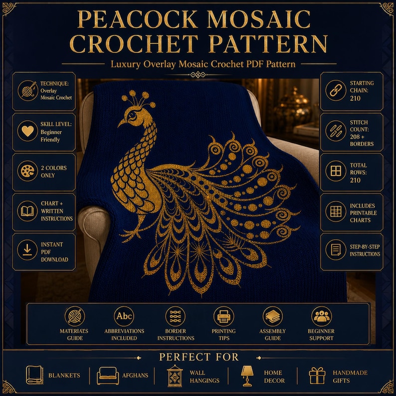 May include: A navy blue crochet pattern for a peacock mosaic blanket. The pattern includes charts, written instructions, and beginner support. The design features a gold peacock on a dark blue background. The pattern is perfect for blankets, afghans, and wall hangings.