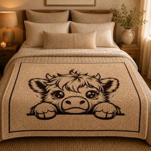 May include: A beige throw blanket featuring a black outline of a cartoon cow's face. The cow has large eyes and is peeking over the edge of the blanket. The blanket is on a bed with beige bedding and pillows.