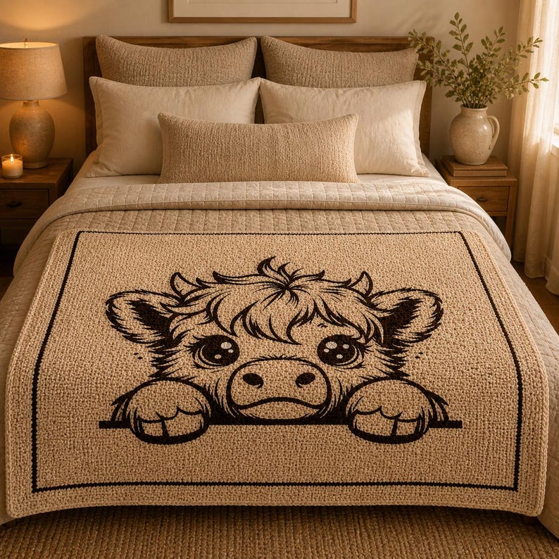 May include: A beige throw blanket featuring a black outline of a cartoon cow's face. The cow has large eyes and is peeking over the edge of the blanket. The blanket is on a bed with beige bedding and pillows.