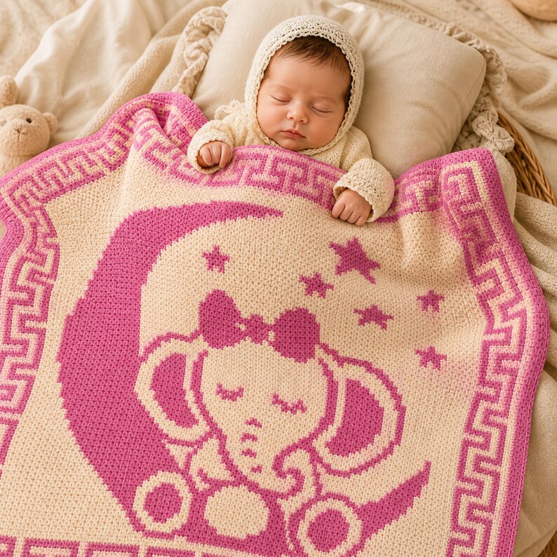 May include: A sleeping baby is nestled under a cream and pink knitted blanket. The blanket features a pink elephant design with a bow, moon, and stars. The blanket has a Greek key border.