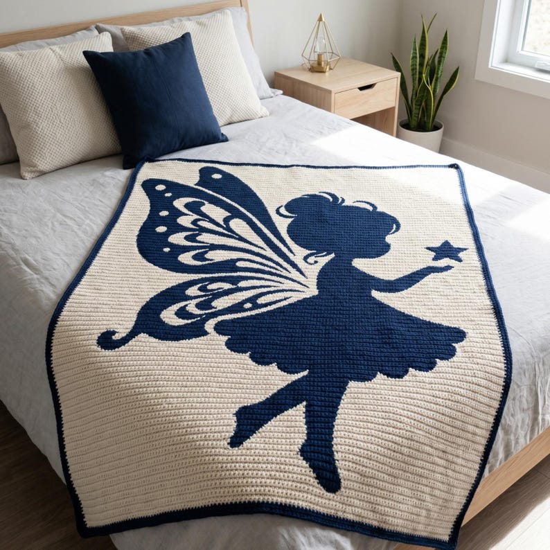 Op de afbeelding: Een cr&egrave;mekleurige, gehaakte deken met een marineblauw fee&euml;nontwerp. De fee houdt een ster vast, met gedetailleerde vleugels en een zwierige jurk. De deken heeft een marineblauwe rand en wordt op een bed getoond.