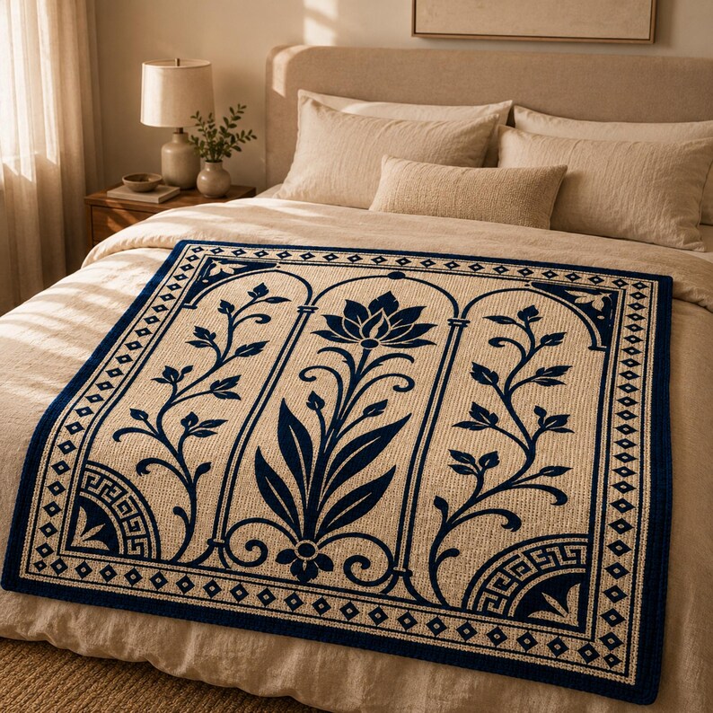 May include: A rectangular beige throw blanket with a navy blue floral design and border. The design features a central lotus flower and stylized leaves within arched panels. The border has geometric patterns.