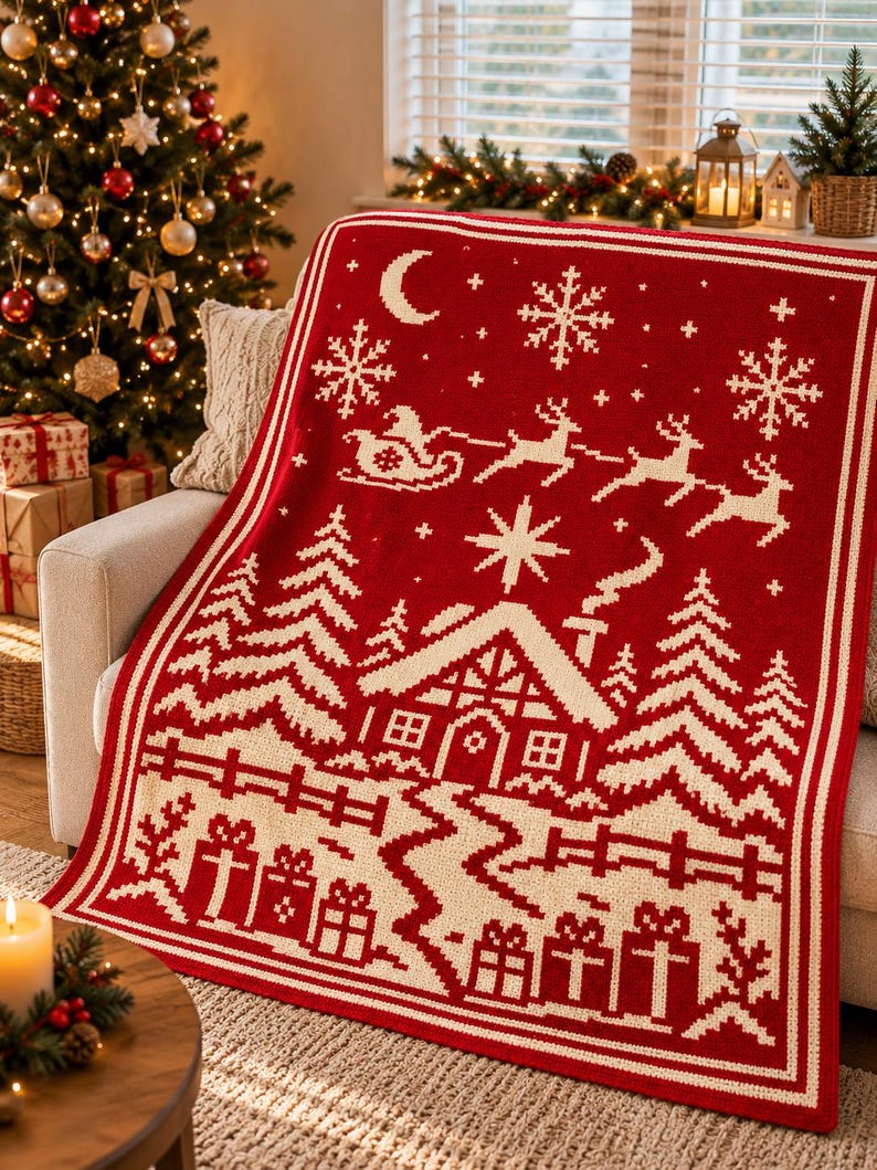 May include: A rectangular knit throw blanket featuring a deep red background with cream-coloured patterns. The design depicts a winter scene with a cabin, pine trees, a fence, wrapped gifts, a crescent moon, snowflakes, and a sleigh with reindeer.