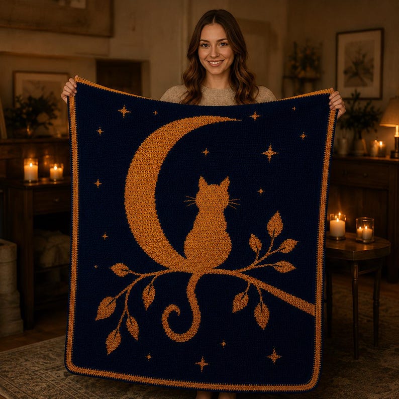 May include: A navy blue blanket with a golden cat silhouette perched on a crescent moon and branch. The blanket features a border and stars. The cat and moon design is a cozy, whimsical theme.
