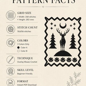 K&ouml;nnte beinhalten: Eine informative Grafik mit dem Titel PATTERN FACTS, die ein Overlay-Mosaik-H&auml;kelmuster beschreibt. Sie listet eine Rastergr&ouml;&szlig;e von 208 Maschen mal 282 Reihen, 58.656 Maschen, zwei Farben und ein Anf&auml;ngerniveau f&uuml;r einen PDF-Download auf.