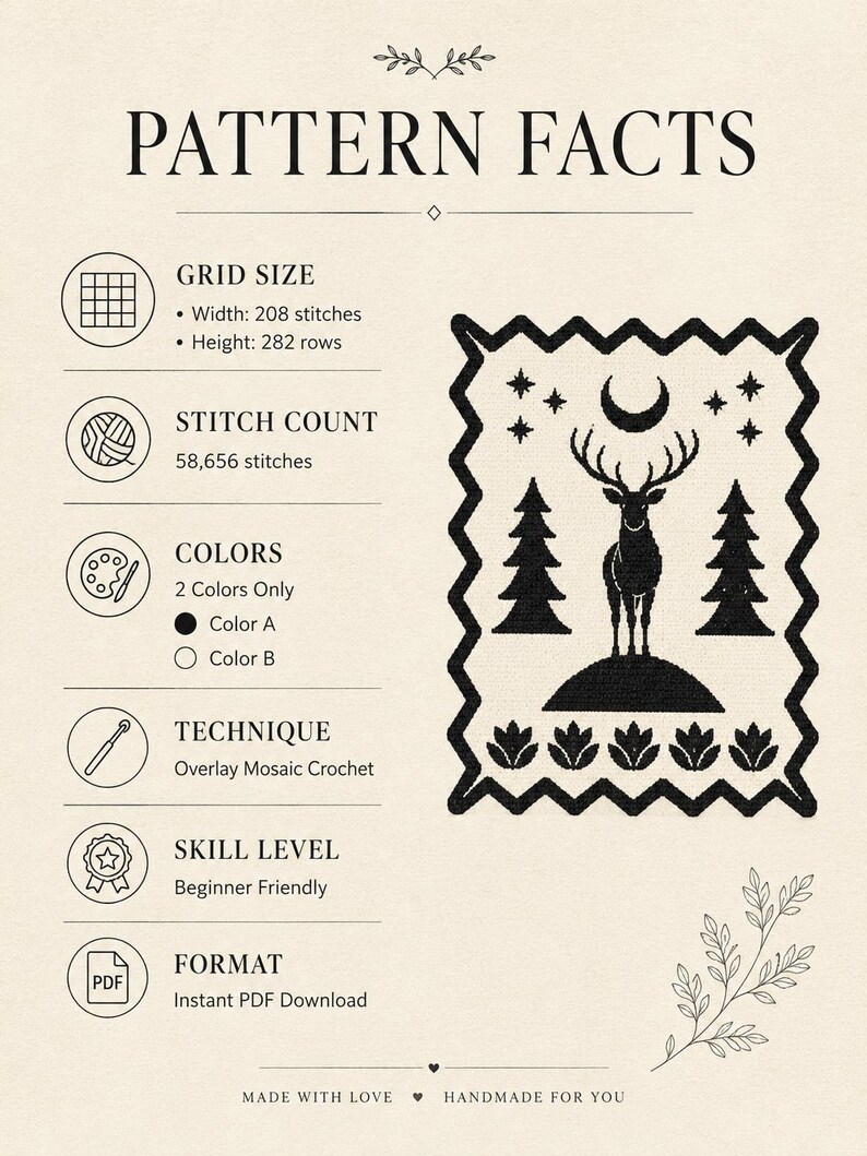 K&ouml;nnte beinhalten: Eine informative Grafik mit dem Titel PATTERN FACTS, die ein Overlay-Mosaik-H&auml;kelmuster beschreibt. Sie listet eine Rastergr&ouml;&szlig;e von 208 Maschen mal 282 Reihen, 58.656 Maschen, zwei Farben und ein Anf&auml;ngerniveau f&uuml;r einen PDF-Download auf.