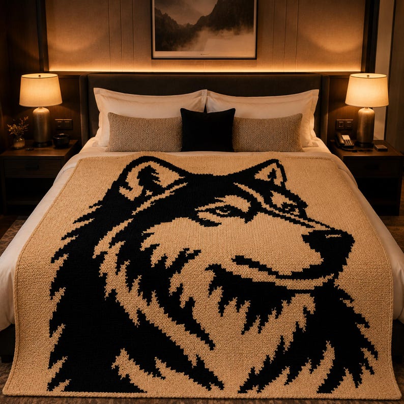 May include: A tan and black knitted blanket featuring a large wolf head design. The blanket is draped over a bed with white sheets and decorative pillows. The room has warm lighting and a mountain landscape painting.