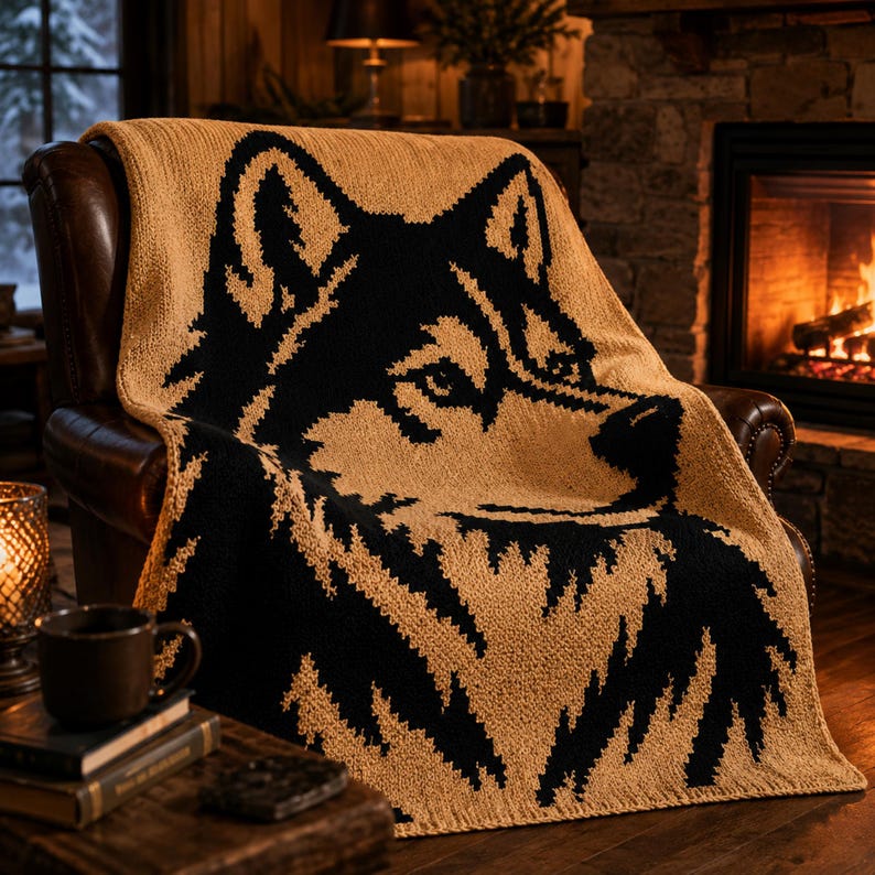 May include: A tan and black knitted throw blanket featuring a large wolf head design. The blanket is draped over a brown leather armchair in front of a fireplace. The wolf's head is black, and the background is tan.
