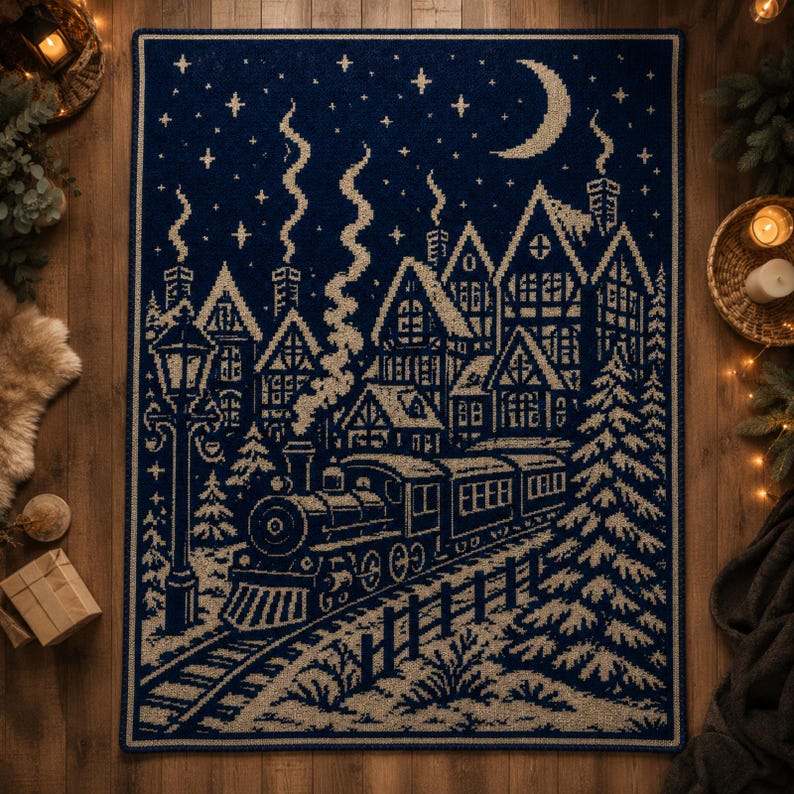 May include: A rectangular rug featuring a dark blue background with a cream-colored pattern of a steam train traveling through a village at night. The design includes houses with smoking chimneys, a crescent moon, stars, a lamp post, and pine trees.