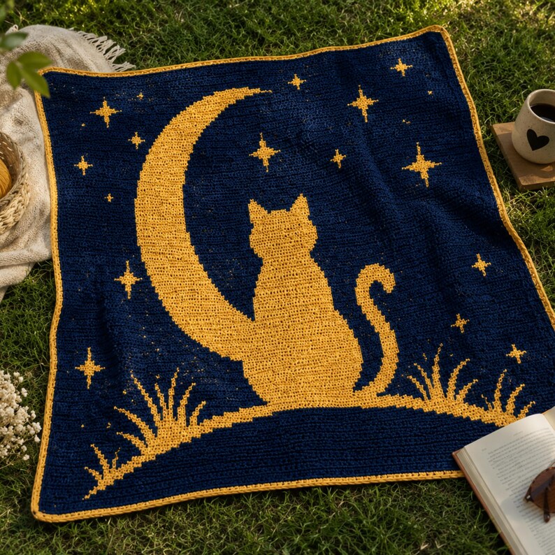 May include: A navy blue crocheted blanket featuring a golden cat silhouette seated on a crescent moon, surrounded by stars. The blanket has a golden border and is placed on green grass. A cozy, handmade item.