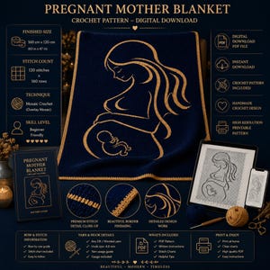 May include: A navy blue crochet blanket featuring a gold design of a pregnant person and baby. The blanket is 160 cm x 120 cm. The image includes a book, tablet, and phone displaying the pattern, and the text "PREGNANT MOTHER BLANKET".
