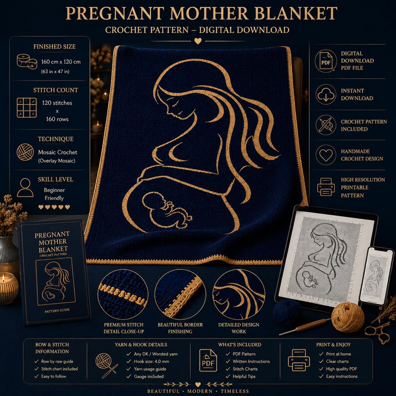 May include: A navy blue crochet blanket featuring a gold design of a pregnant person and baby. The blanket is 160 cm x 120 cm. The image includes a book, tablet, and phone displaying the pattern, and the text "PREGNANT MOTHER BLANKET".