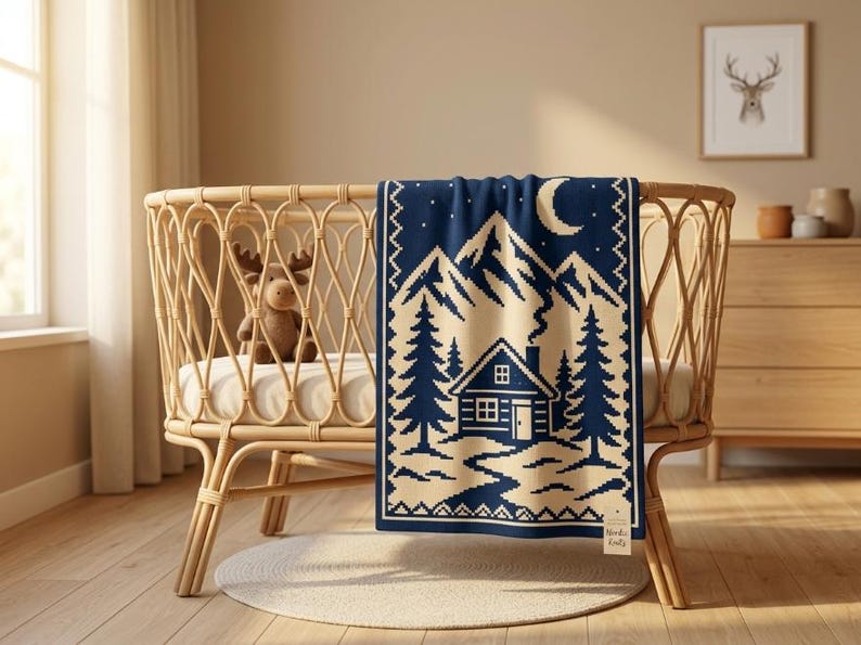 May include: A navy blue and cream knit blanket featuring a mountain landscape, a cabin, pine trees, and a crescent moon. The blanket is draped over a light brown rattan crib. A small tag with the text Nordic Knits is attached to the bottom corner.