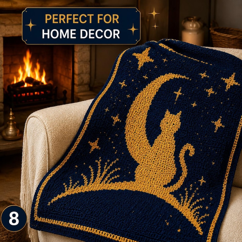 May include: A navy blue crochet blanket with a gold cat silhouette perched on a crescent moon, surrounded by stars and grass. The blanket is draped over a beige armchair. Text on the image reads "PERFECT FOR HOME DECOR".