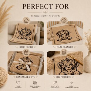 May include: A beige blanket featuring a black outline of a Highland cow, displayed as home decor, a baby blanket, and a gift. The image includes the text "PERFECT FOR" and "Endless possibilities for creativity". The blanket is suitable for various uses.