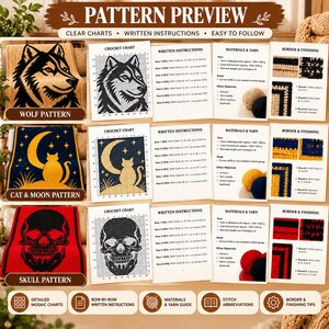 May include: A digital pattern preview set for crochet projects featuring three distinct designs: a wolf, a cat with a moon, and a skull. Each section includes a grid-based crochet chart, written row-by-row instructions, a materials and yarn guide, and border finishing steps for each project.