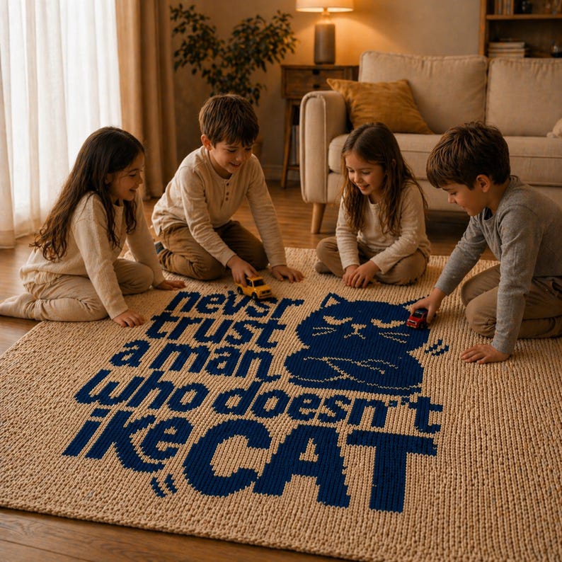 May include: A beige rectangular rug with a blue cat graphic and the text "never trust a man who doesn't like CAT." Four children are playing with toy cars on the rug in a living room setting.