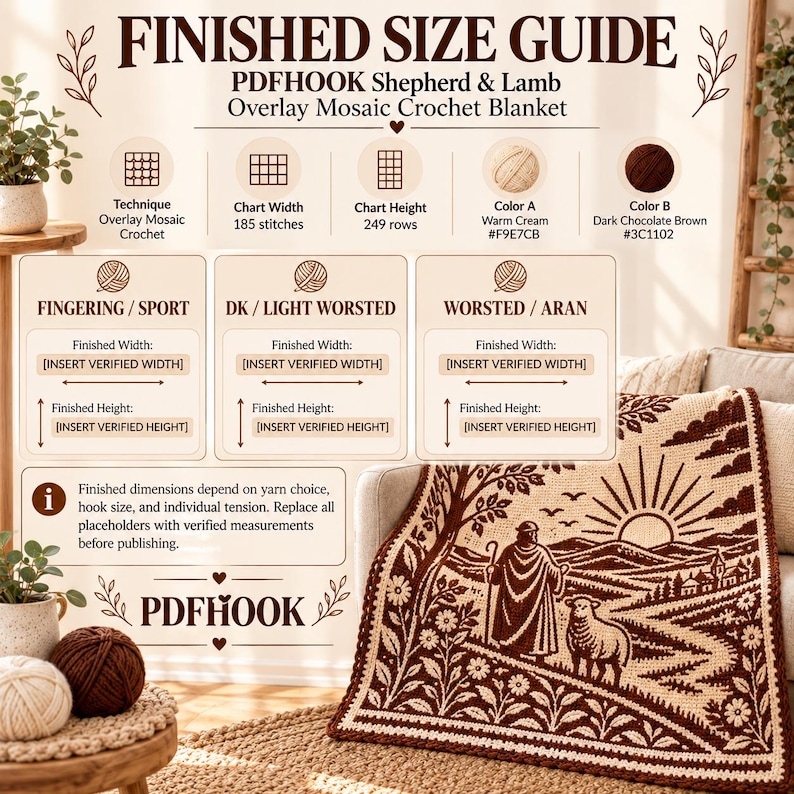May include: A finished size guide for a PDFHOOK Shepherd & Lamb overlay mosaic crochet blanket. The graphic includes technical details, yarn color codes, and placeholders for finished dimensions for various yarn weights.