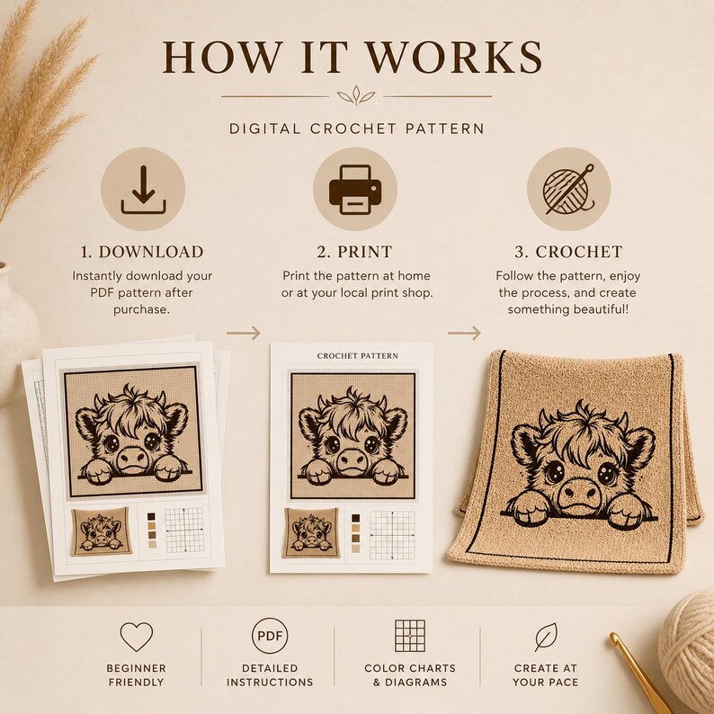 May include: Digital crochet pattern instructions with a step-by-step guide. The image shows a download, print, and crochet process. The pattern features a cute cow design. Includes beginner-friendly instructions, colour charts, and diagrams. The text reads "How it Works".