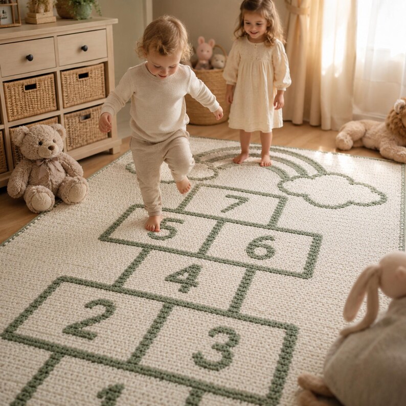 May include: A cream-coloured rug with a hopscotch design in green. The rug features a rainbow and cloud design. Two children are playing on the rug. A teddy bear and other soft toys are in the background.