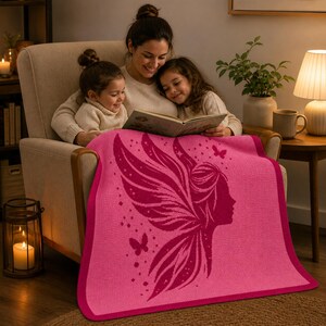 May include: A pink blanket with a fairy design. The blanket features a silhouette of a fairy with wings and butterflies. The blanket is draped over a chair where a person and two children are reading a book.