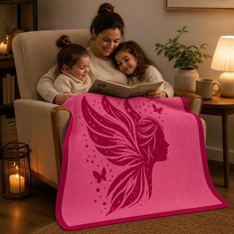 May include: A pink blanket with a fairy design. The blanket features a silhouette of a fairy with wings and butterflies. The blanket is draped over a chair where a person and two children are reading a book.