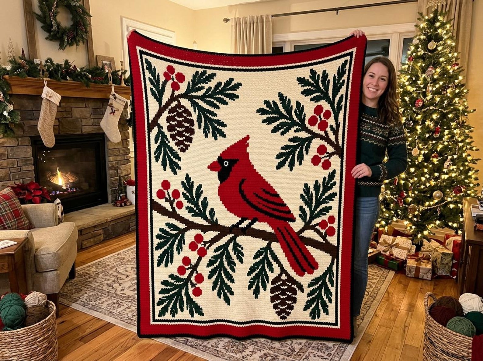 Overlay mosaic crochet blanket by the fireplace