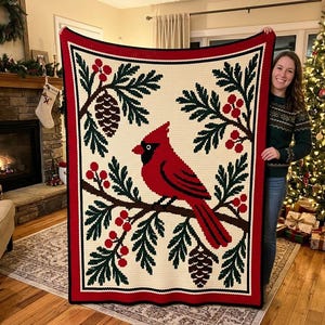 Cardinal Christmas Mosaic Crochet Blanket Pattern PDF, Overlay Crochet Chart image 1