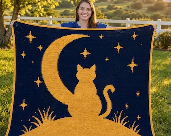 Moon Cat Overlay Mosaic Crochet Blanket Pattern PDF, Celestial Afghan Chart, Stars Night Digital Download, Intermediate Crochet Project