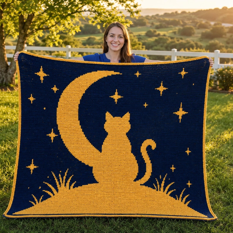 May include: A navy blue crochet blanket featuring a yellow cat silhouette sitting on a crescent moon, surrounded by stars. The blanket has a yellow border and is displayed outdoors.
