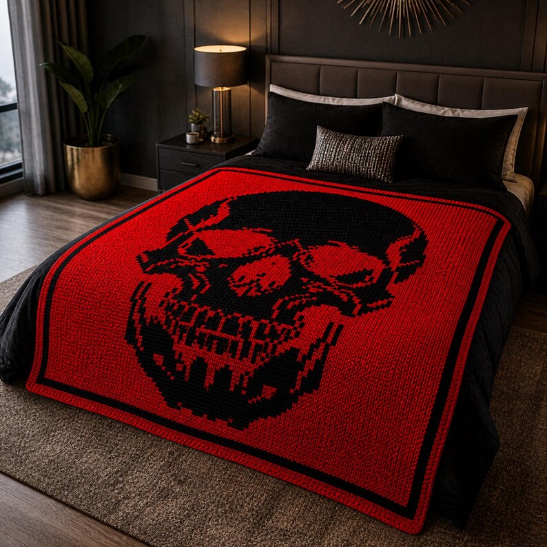 Puede incluir: Una manta roja y negra con un dise&ntilde;o de calavera se muestra en una cama. La manta presenta un gran dise&ntilde;o de calavera negra sobre un fondo rojo. La manta tiene un borde negro y est&aacute; colocada sobre una cama con ropa de cama negra.