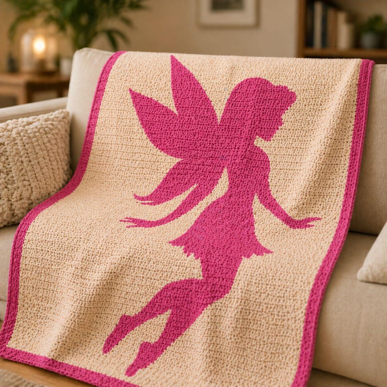 May include: A crocheted blanket featuring a pink fairy silhouette on a beige background. The blanket has a pink border and is draped over a sofa. The fairy design includes wings, a dress, and outstretched arms.