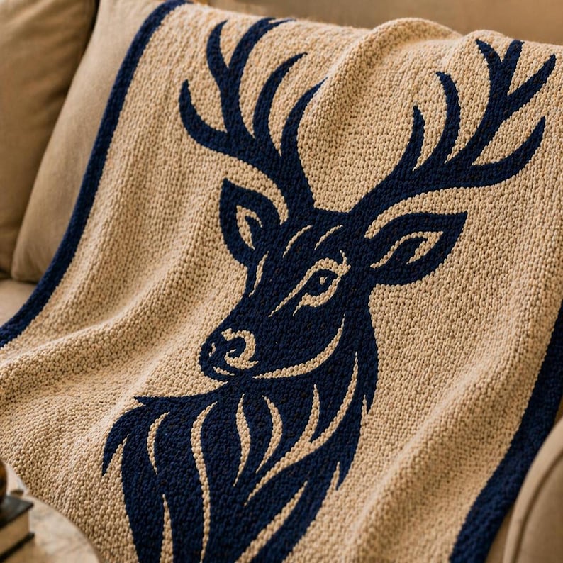 May include: A tan knitted throw blanket with a navy blue deer silhouette design. The blanket has a navy blue border and is draped over a sofa. The deer's antlers and facial features are clearly visible.