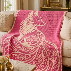 May include: A pink crocheted blanket featuring a cream-colored fox design. The fox is depicted with closed eyes and intricate detailing. The blanket is draped over a sofa, showcasing the detailed craftsmanship and color contrast.