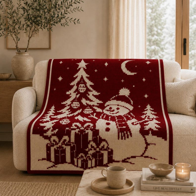 May include: A deep red and cream-colored knit throw blanket featuring a repeating pixelated pattern of a decorated Christmas tree, a snowman wearing a hat and scarf, and a stack of wrapped gifts, all set beneath a crescent moon and stars.