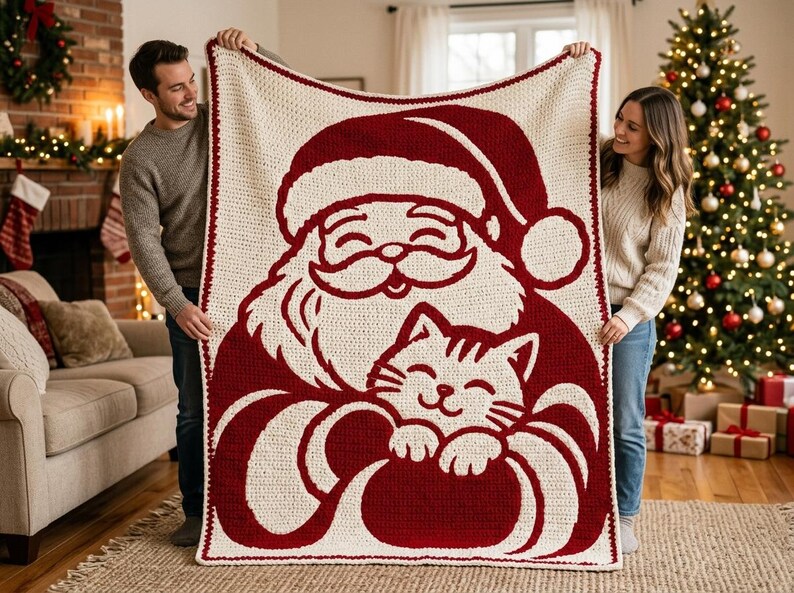 Santa Crochet Blanket Pattern, Christmas Cat Mosaic PDF image 2
