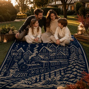 May include: A navy blue and cream knit blanket featuring a detailed winter scene with a steam locomotive, snow-covered houses, pine trees, and a street lamp. The pattern is woven into the fabric, creating a textured design across the entire surface.