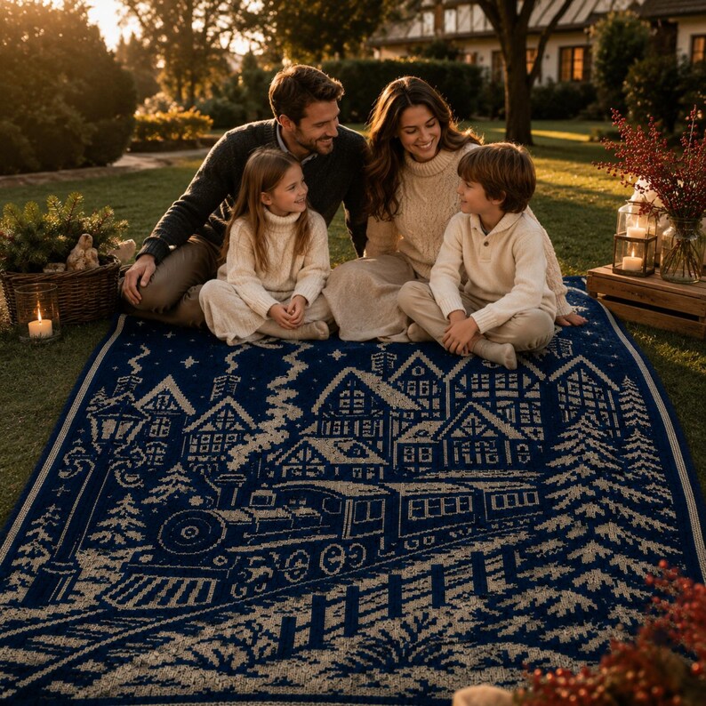 May include: A navy blue and cream knit blanket featuring a detailed winter scene with a steam locomotive, snow-covered houses, pine trees, and a street lamp. The pattern is woven into the fabric, creating a textured design across the entire surface.