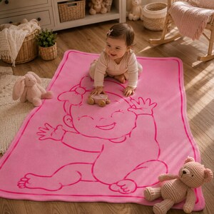 Pu&ograve; includere: Una coperta rosa per bambini con un grande contorno di un disegno di bambino. Un bambino sta giocando sulla coperta con un'auto giocattolo di legno. Sono presenti anche un coniglietto di peluche e un orsacchiotto.