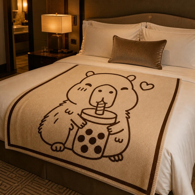 May include: Beige throw blanket with a brown border featuring a cartoon bear drinking boba tea. The bear is smiling with a heart symbol next to it. The blanket is on a bed with white sheets and a brown pillow.