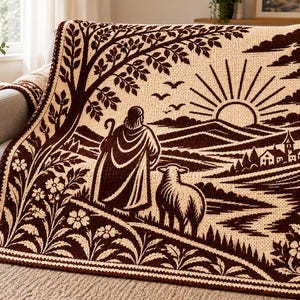 May include: A cream and dark brown crocheted throw blanket featuring a landscape scene with a shepherd holding a staff, a sheep, a rising sun, rolling hills, a small village, and a large tree, all framed by a floral border.