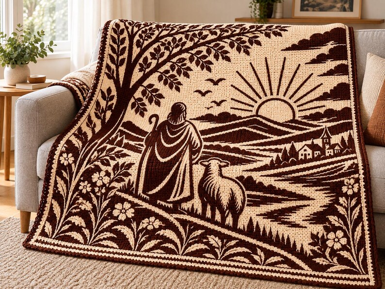 May include: A cream and dark brown crocheted throw blanket featuring a landscape scene with a shepherd holding a staff, a sheep, a rising sun, rolling hills, a small village, and a large tree, all framed by a floral border.