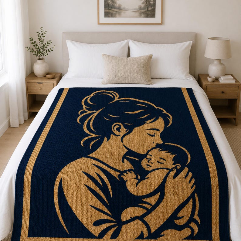 May include: A navy blue and gold blanket featuring a mother kissing a baby. The blanket has a gold border and a knitted texture. The design is a silhouette of a mother and child.
