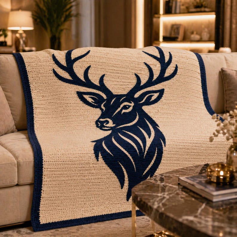 May include: A cream-colored crocheted blanket with a navy blue deer design. The blanket has a navy blue border and is draped over a beige sofa. The deer features large antlers and is centered on the blanket. This cozy blanket is perfect for home decor.