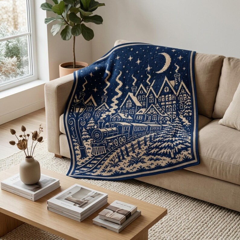 May include: A navy blue and cream knit throw blanket featuring a detailed winter scene with a steam train traveling past a village of houses, pine trees, a crescent moon, and stars. The blanket has a decorative border and a woven texture.