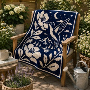 May include: A rectangular crochet blanket featuring a dark blue background with a cream-colored design of a hummingbird hovering near a large flower, a crescent moon, stars, and a mountain landscape with a lake, finished with a simple border.