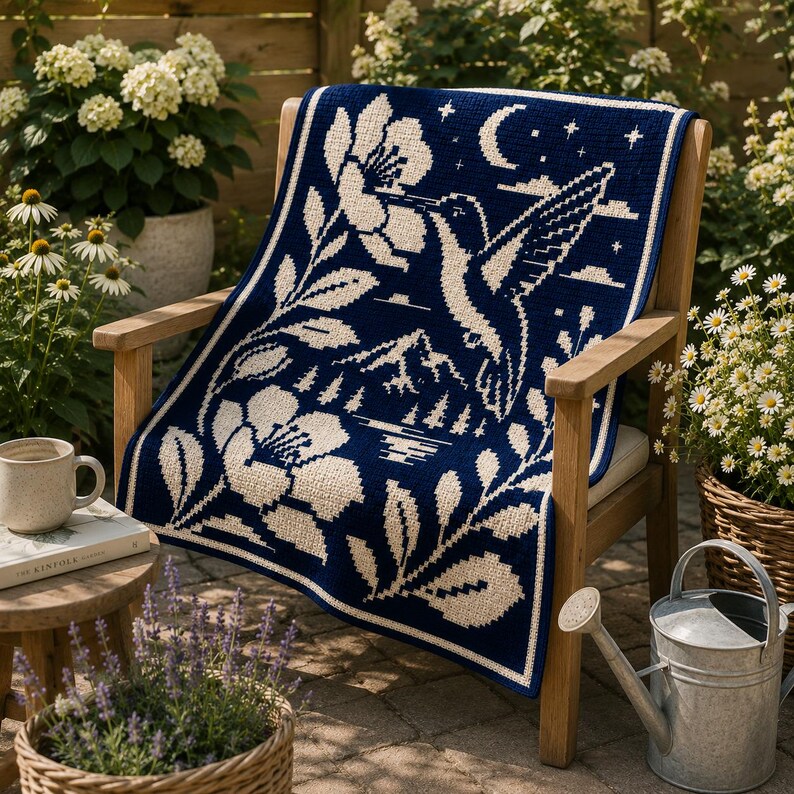 May include: A rectangular crochet blanket featuring a dark blue background with a cream-colored design of a hummingbird hovering near a large flower, a crescent moon, stars, and a mountain landscape with a lake, finished with a simple border.