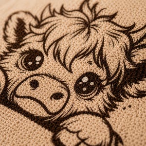 May include: Close-up of a crocheted design depicting a cartoon cow's face. The cow has large, expressive eyes with white highlights, a brown nose, and brown outlines. The background is a light beige colour, and the crochet stitches are visible.