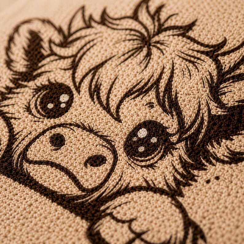 May include: Close-up of a crocheted design depicting a cartoon cow's face. The cow has large, expressive eyes with white highlights, a brown nose, and brown outlines. The background is a light beige colour, and the crochet stitches are visible.