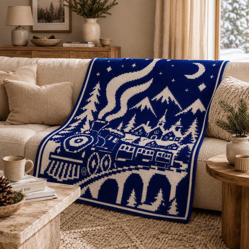 May include: A rectangular knit throw blanket featuring a deep blue background with a white, pixelated winter scene. The design depicts a steam locomotive pulling passenger cars across a bridge, with pine trees, mountains, stars, and a crescent moon.